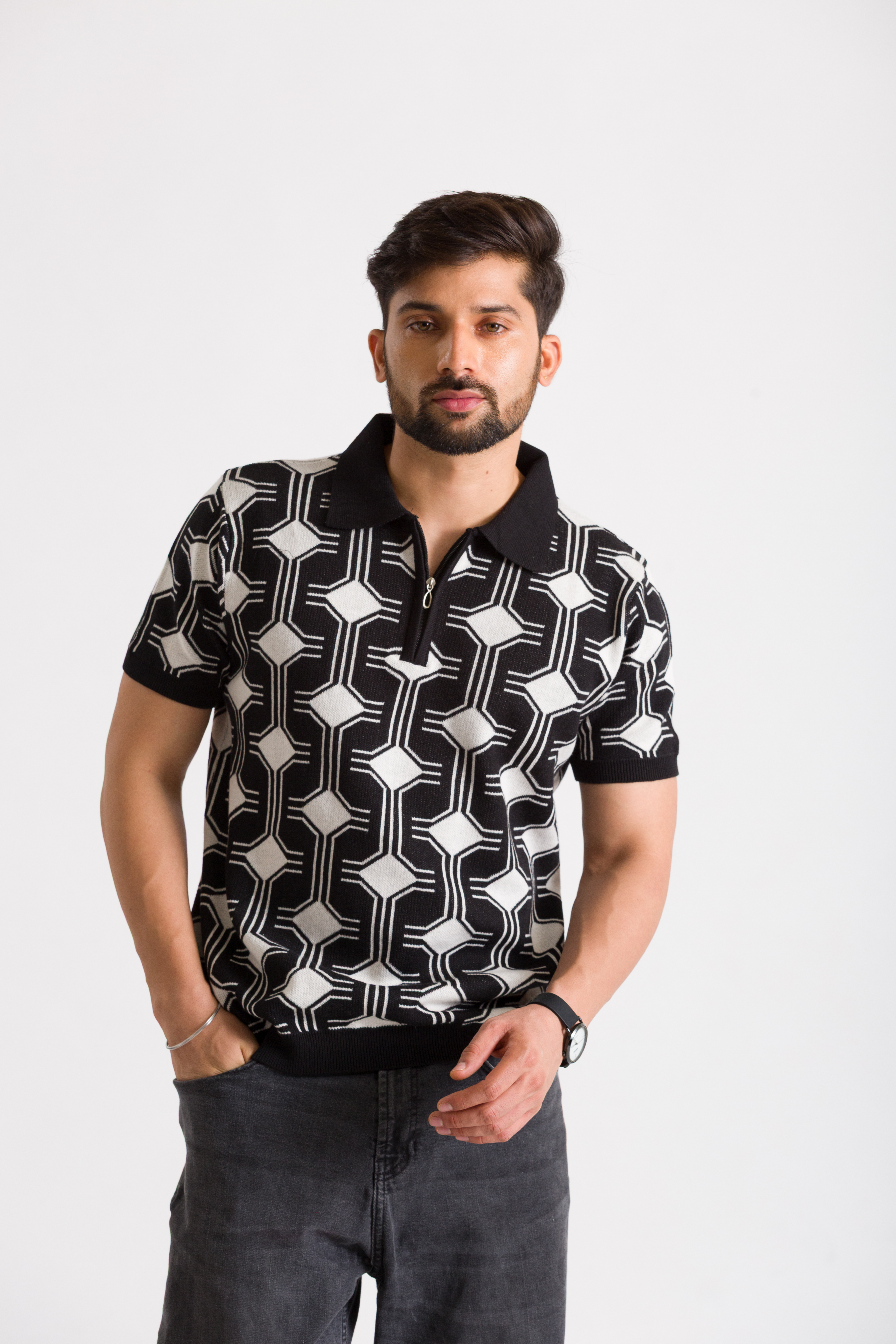 Knitted Black Jacquard Polo T-Shirt